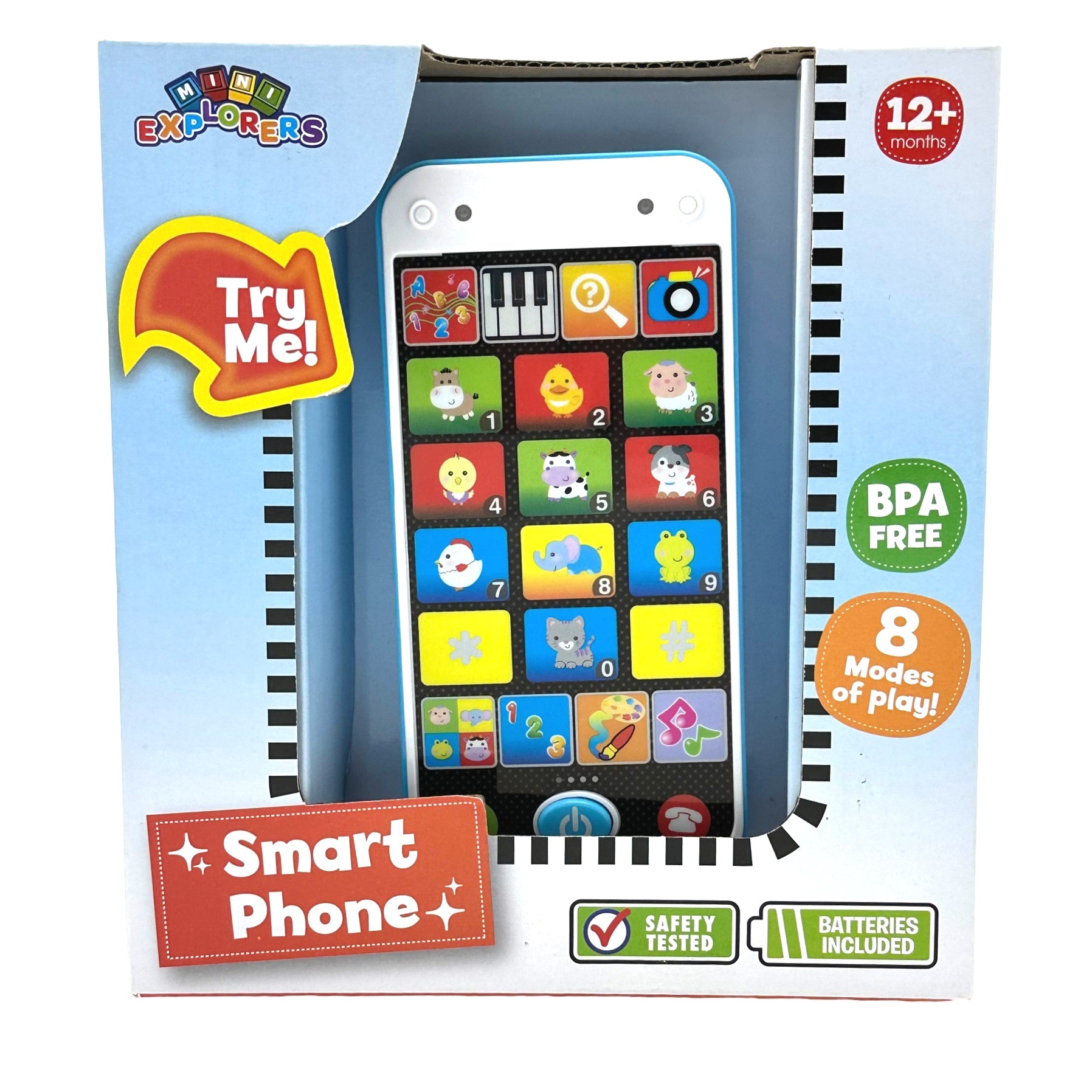 A toy smartphone package with a blue and white box.